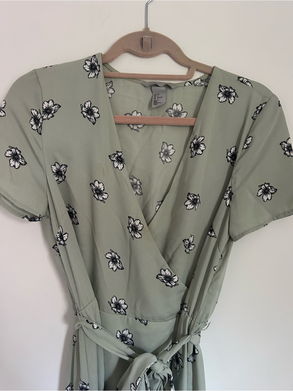 H&M Sage Green Floral Wrap Dress with Tie Waist